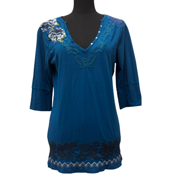 $248 Johnny Was Women's Embroidered Bird Floral Wearable Art Top 3/4 Sleeves S-M - Picture 1 of 8